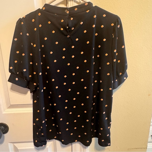 Adrianna Papell Black White Tan Polka Dot Short Sleeve Blouse Sz L - Picture 4 of 9